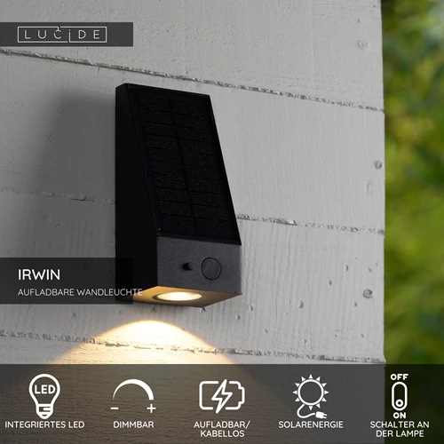 Lucide IRWIN - Wandleuchte - Sonnenenergie - LED Dim. - 1x2W 3000K - IP54 - Bewegung und Tag/Nacht-Sensor - Schwarz - USP